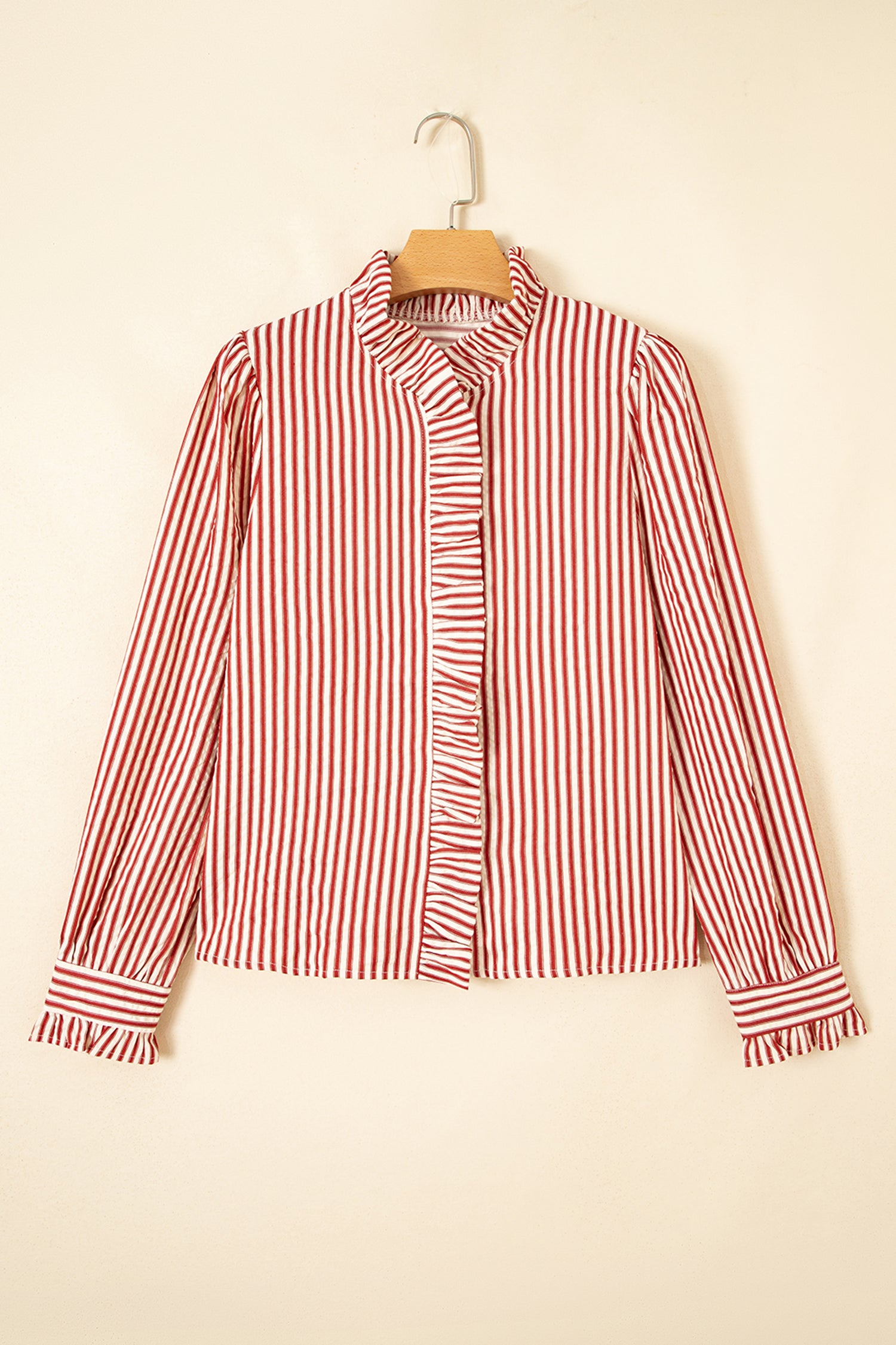 Textured Ruffle Trim Button-Up Long Sleeve Shirt – Red Stripe