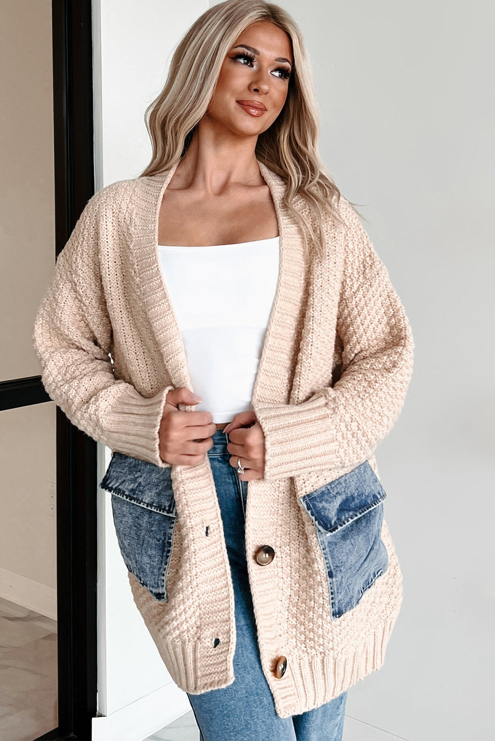 Open Front Knit Cardigan With Denim Pockets - eAura