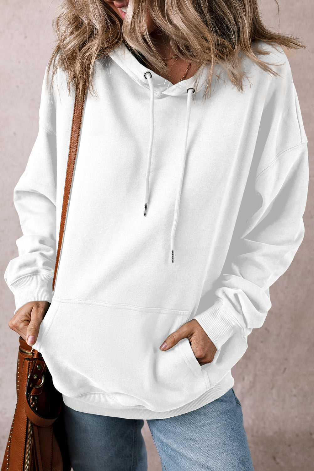 White Fleece Lined Kangaroo Pocket Drawstring Chunky Hoodie eAura