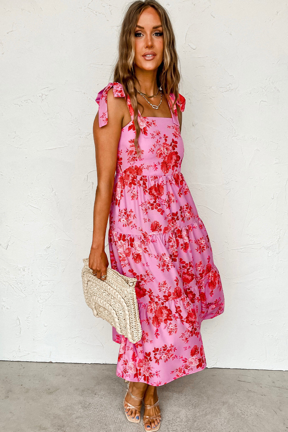 Pink Tie Shoulder Straps Tiered Floral Dress eAura