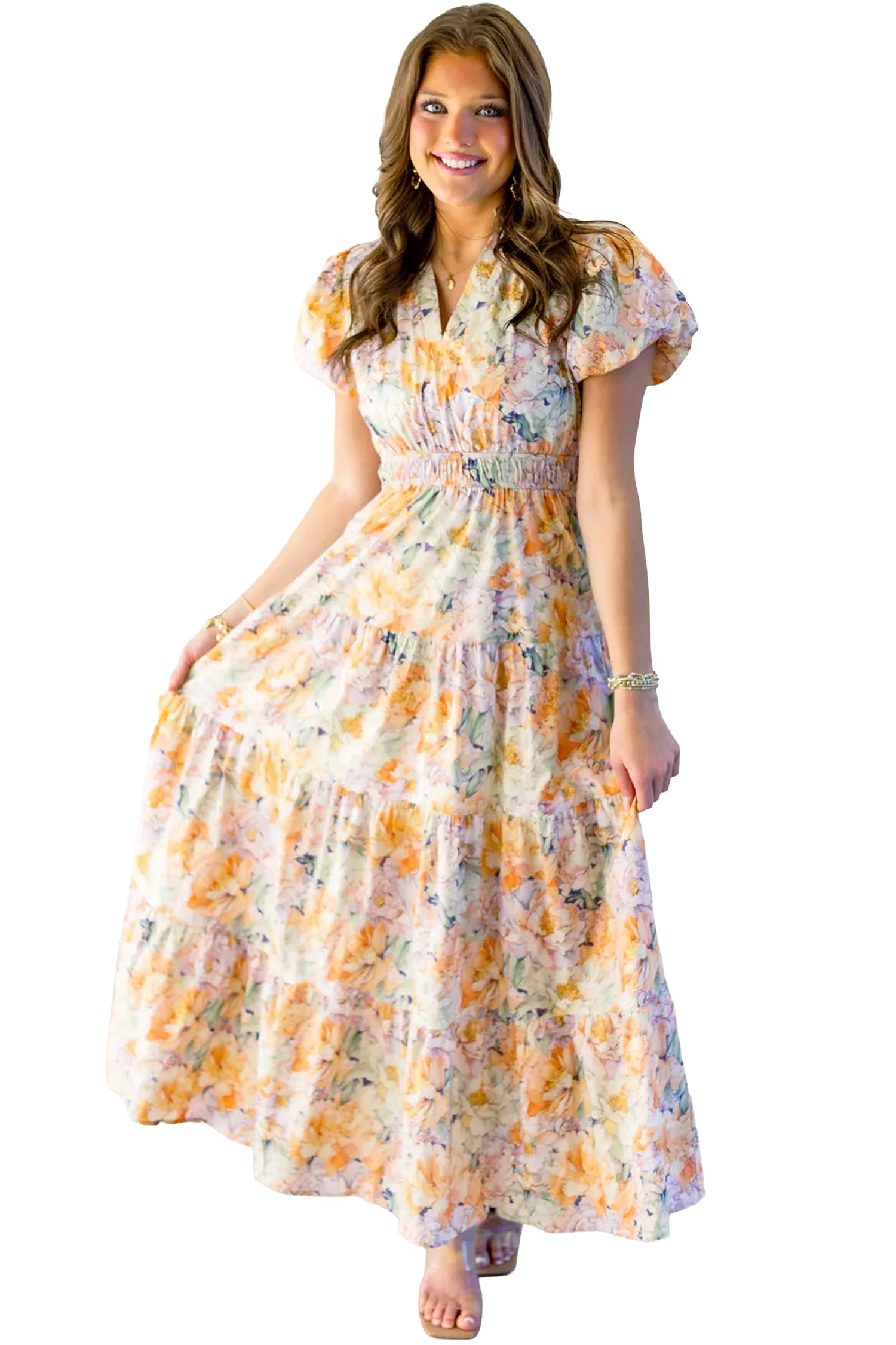 Floral Bubble Sleeve V-Neck Flared Maxi Dress
