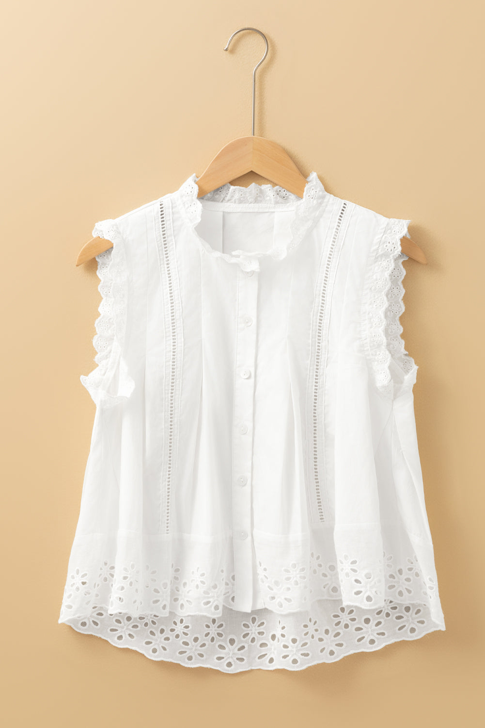 White Lace Crochet Eyelets Sleeveless Buttoned Shirt eAura