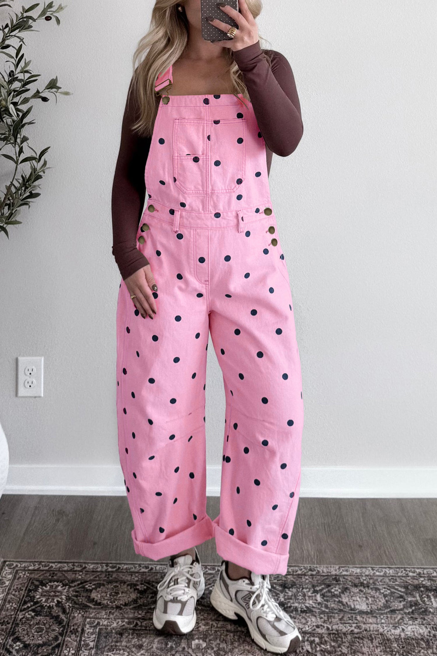 Polka Dot Print Bib Pocket Denim Barrel Overalls