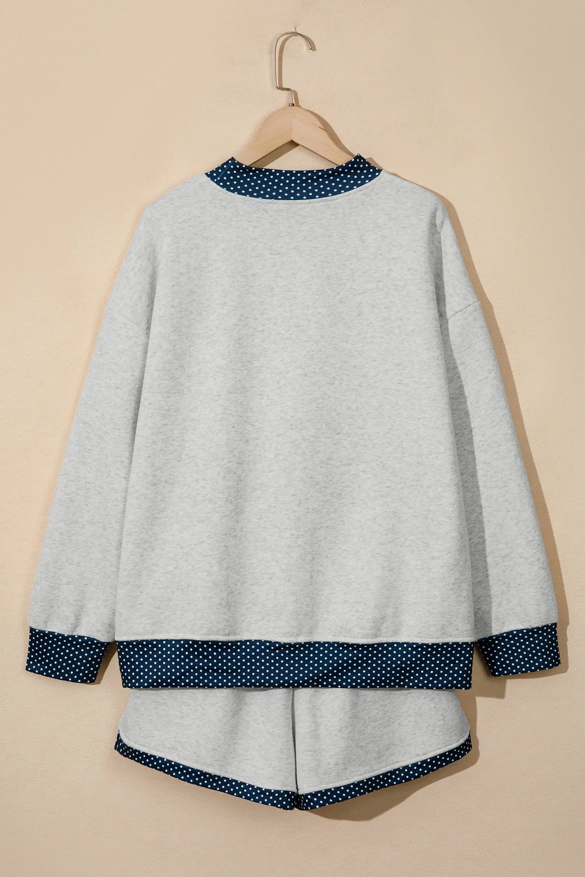 Polka Dot Patchwork Mock Neck Pullover Casual Shorts Set – Light Grey