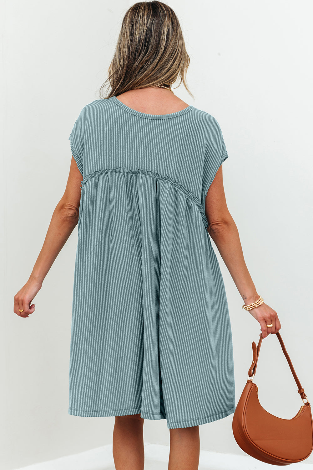 Canton Ribbed Knit Textured Patched Pocket Frilled Swing Mini Dress with Pockets eAura