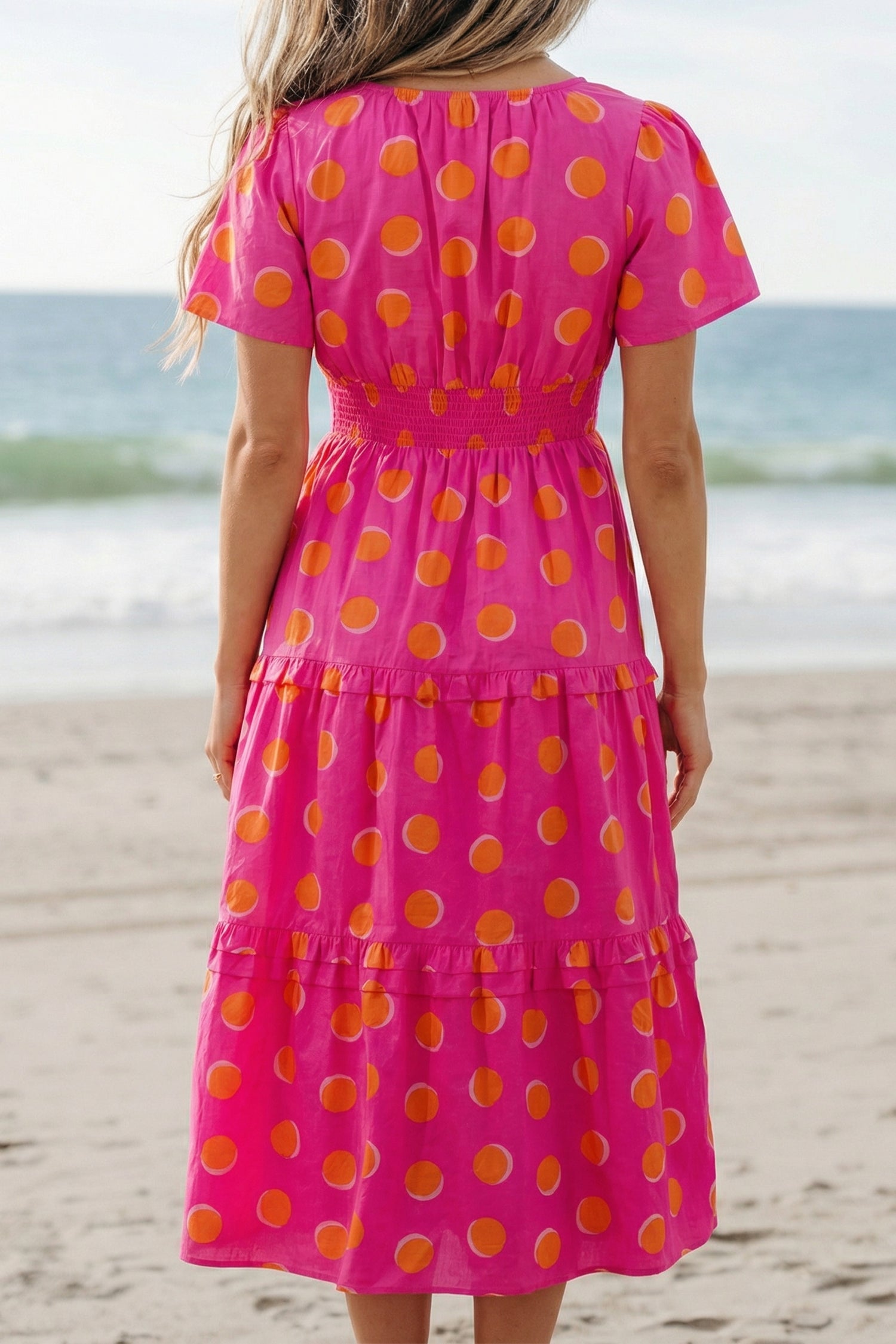 Rose Polka Dot Short Sleeve Shirred High Waist Midi Dress