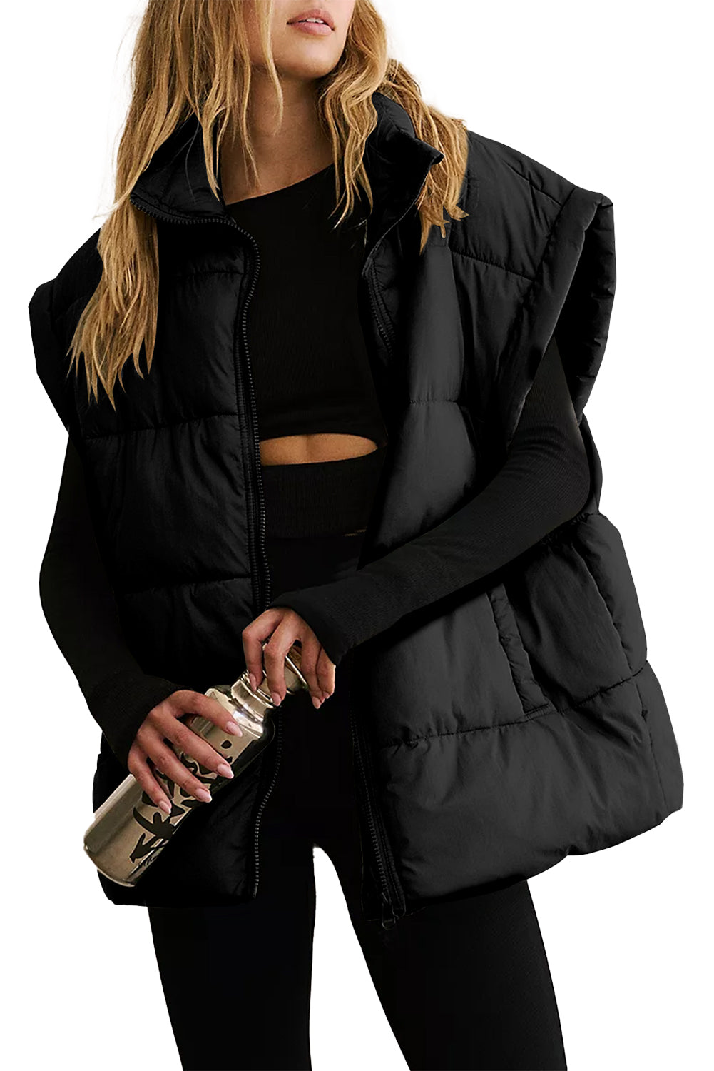 Black Solid Zipper Stand Neck Oversized Puffer Vest Beagle Boutique Fashion Outlet