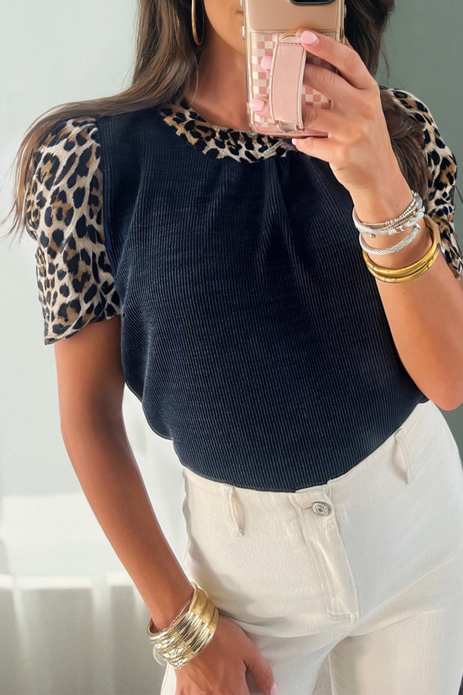Contrast Leopard Short Sleeve Ribbed Top - Navy / L - Tops/Tops & Tees