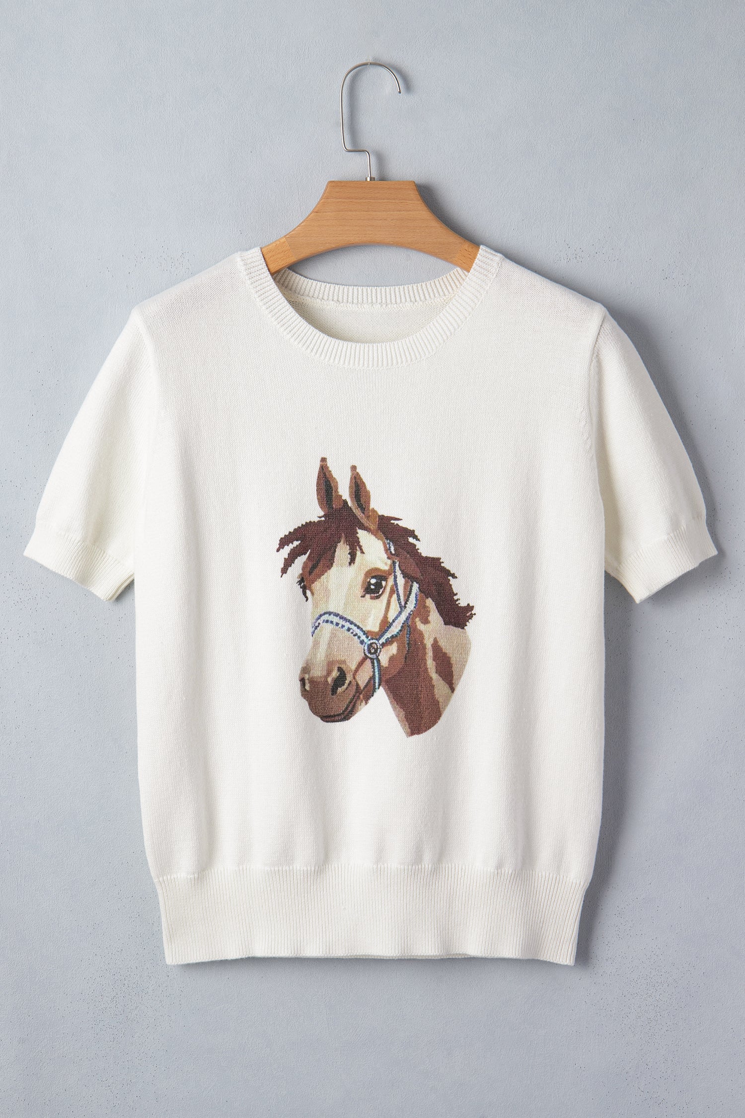 White Wild West Horse Head Print Short Sleeve Sweater