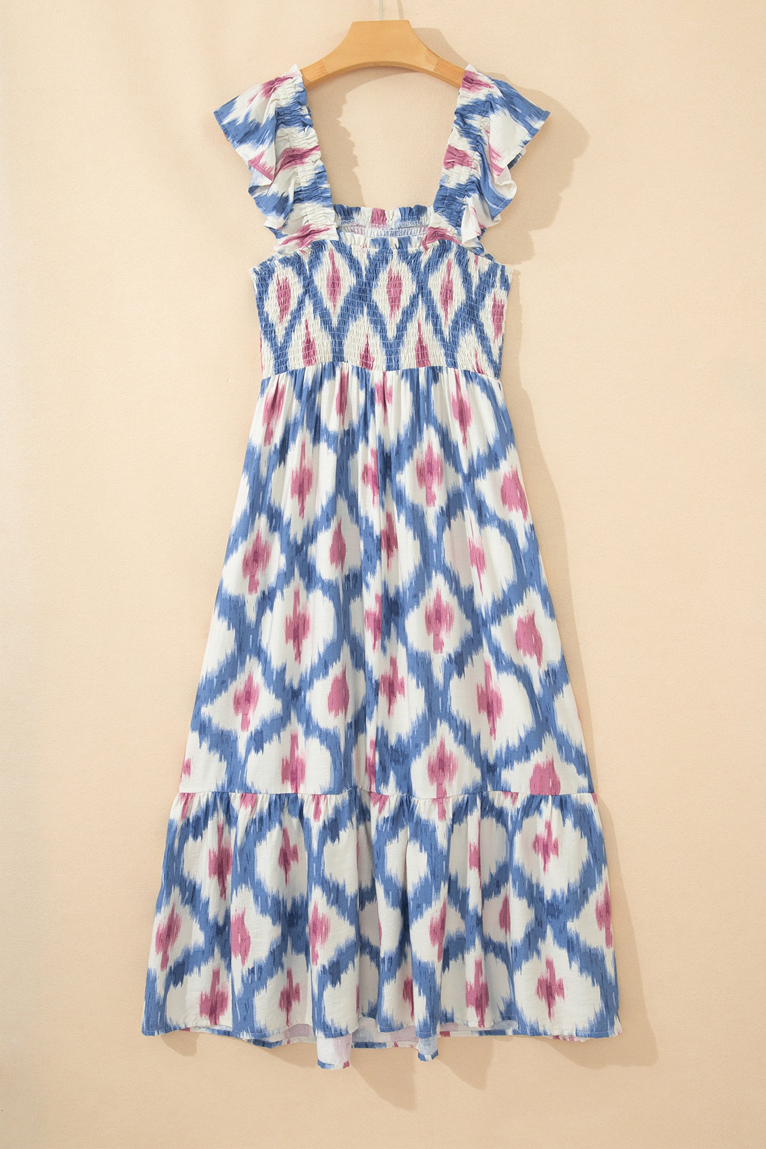 Geometric Print Square Neck Smocked High Waist Ruffle Sleeve Dress