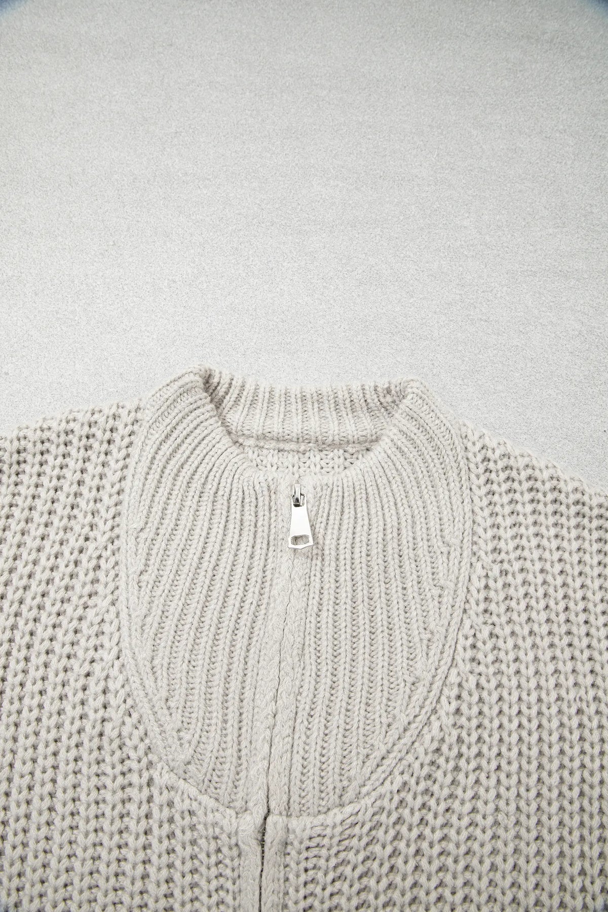 Jet Stream Solid Colour Short Sleeve Zipper Knit High Neck Sweater – Cream