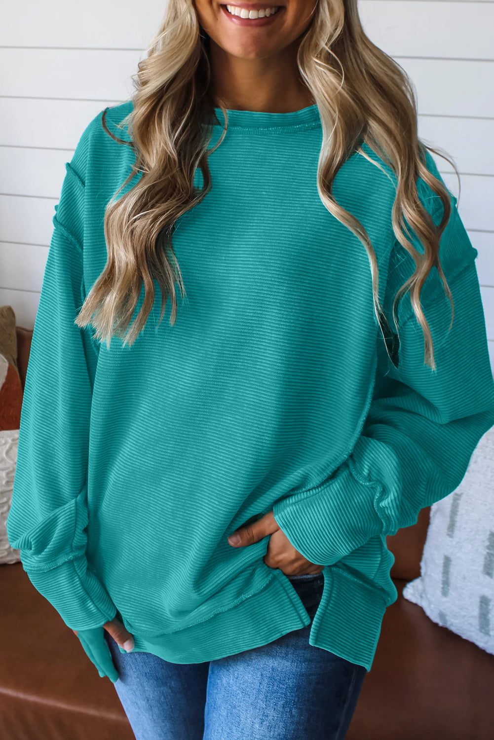 Horizontal Ribbed Exposed Seam Detail Drop Shoulder Baggy Pullover