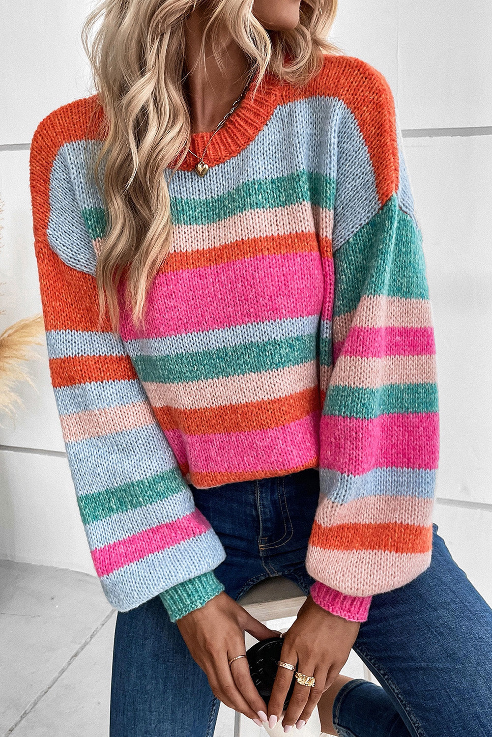 MultiColour Striped Knit Drop Shoulder Puff Sleeve Sweater eAura