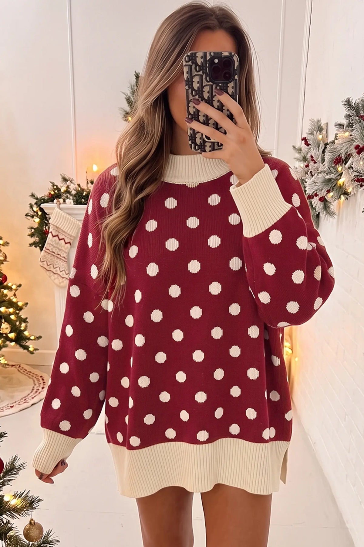 Split tunic sweater with polka dot pattern