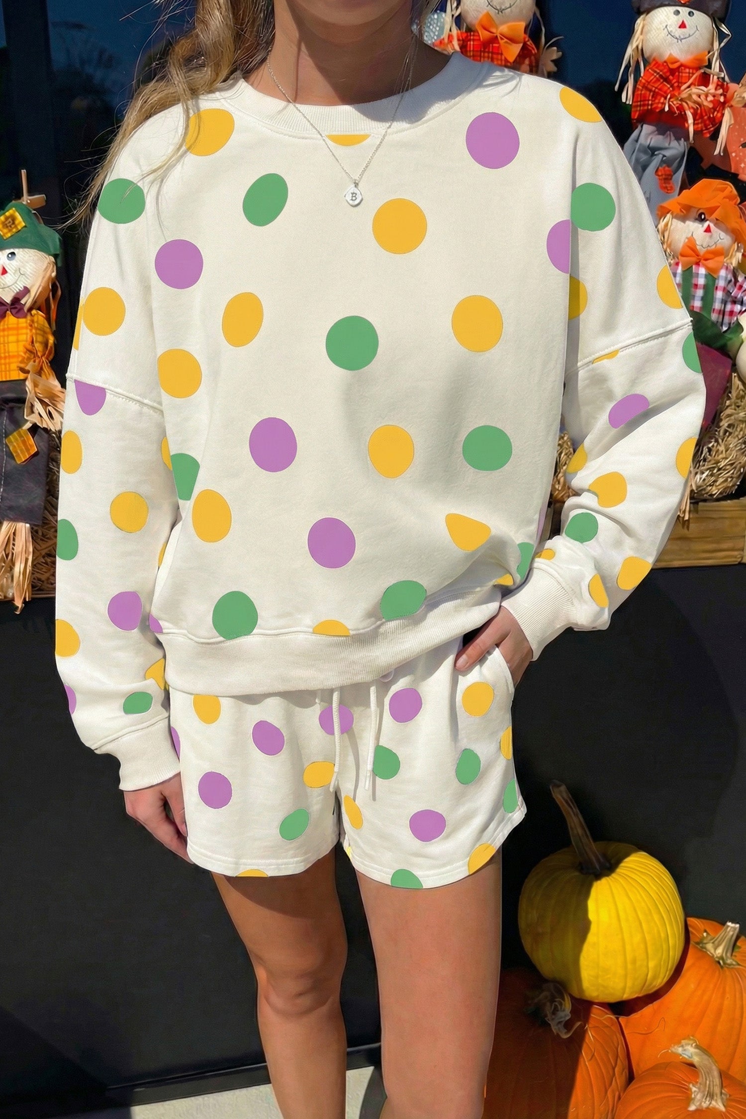 Polka Dot Print Drop Shoulder Pullover Drawstring Shorts Set