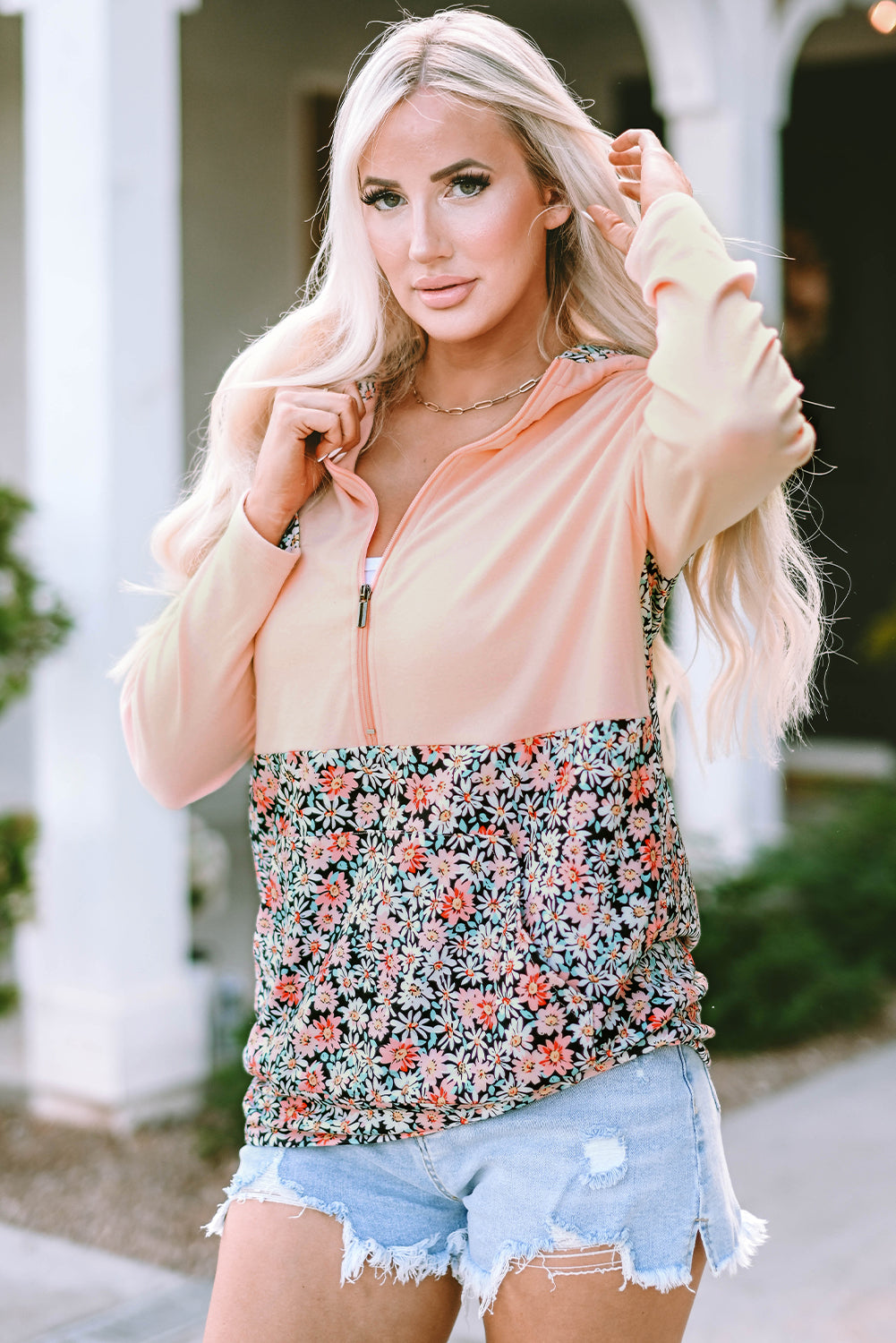 Pink Floral Patch Half Zip Kangaroo Pocket Hoodie eAura