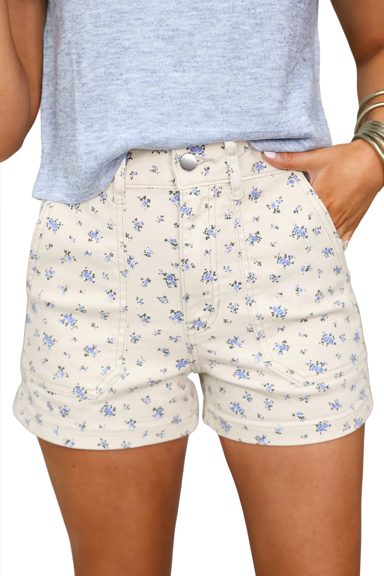 Floral Casual Cute Denim Shorts – White