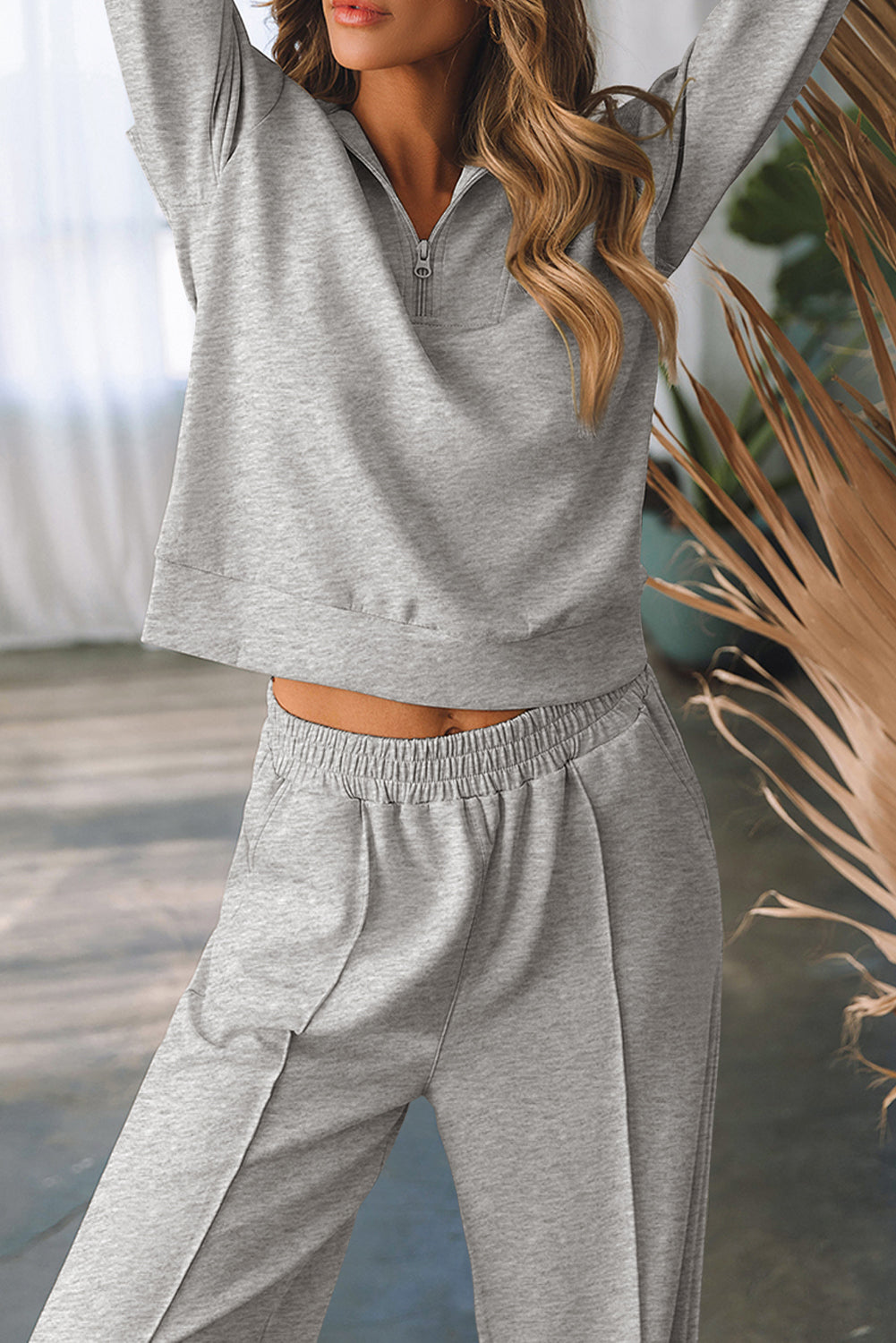 Solid Zip Sailor Collar Pullover Athleisure Sweatpants 2pcs Set – Light Grey