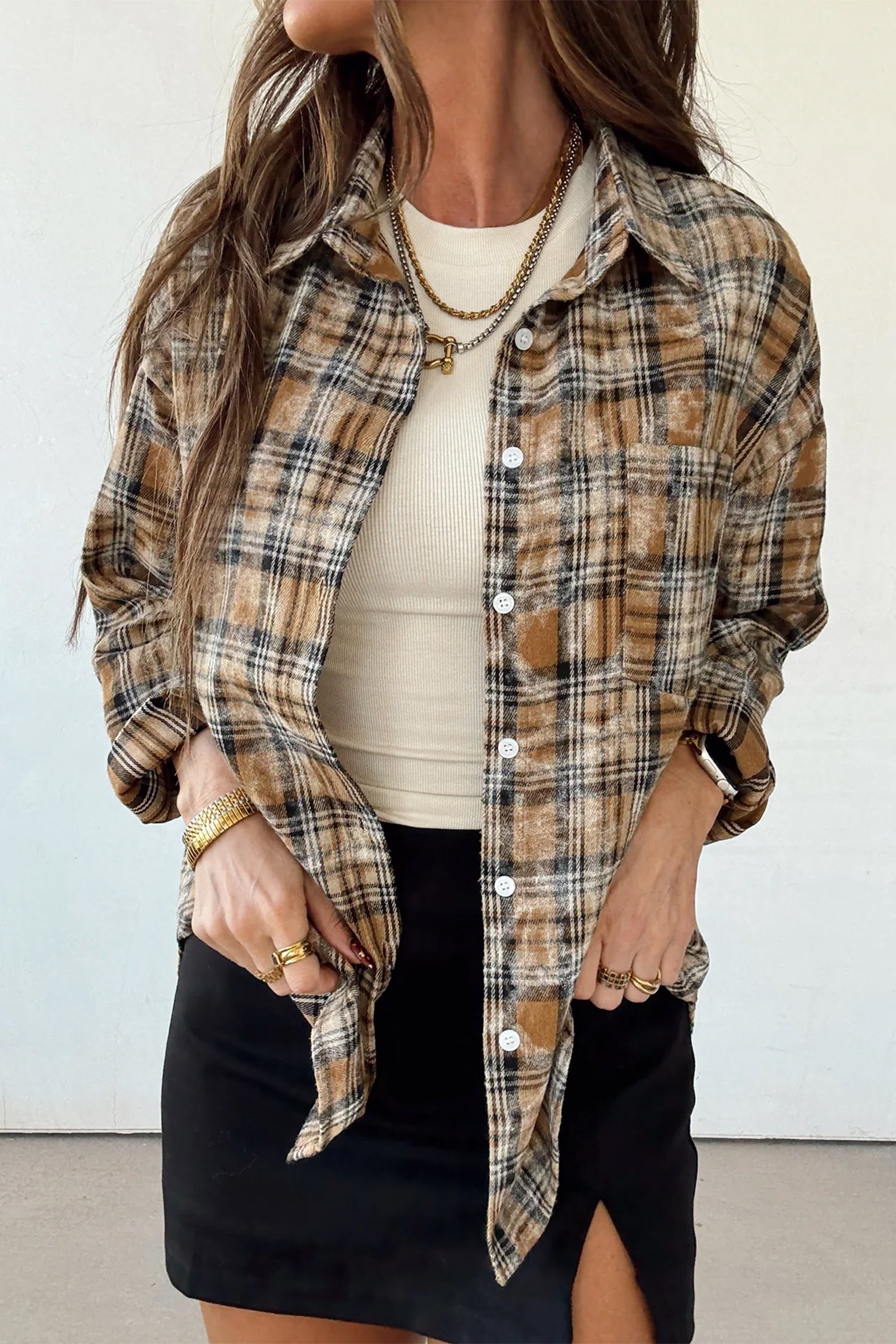 Retro Plaid Long Sleeve Button Down Shirt – Brown