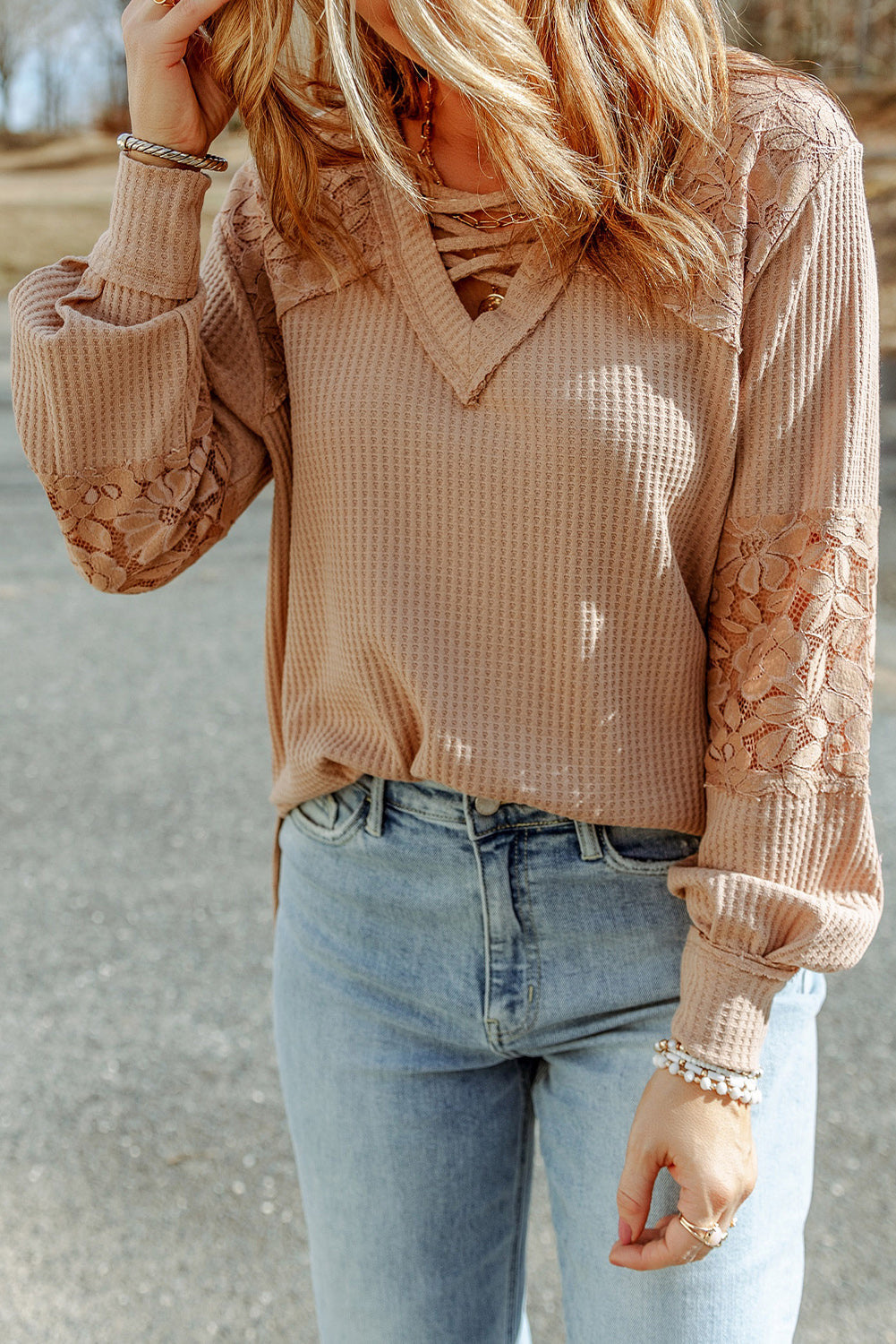 Apricot Lace Waffle Patchwork Strappy V Neck Long Sleeve Top eAura