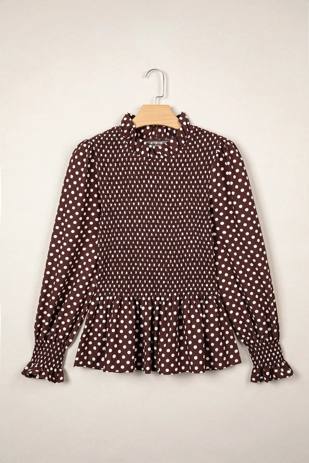 Polka Dot Ruffled High Neck Shirred Ruffle Hem Blouse – Brown