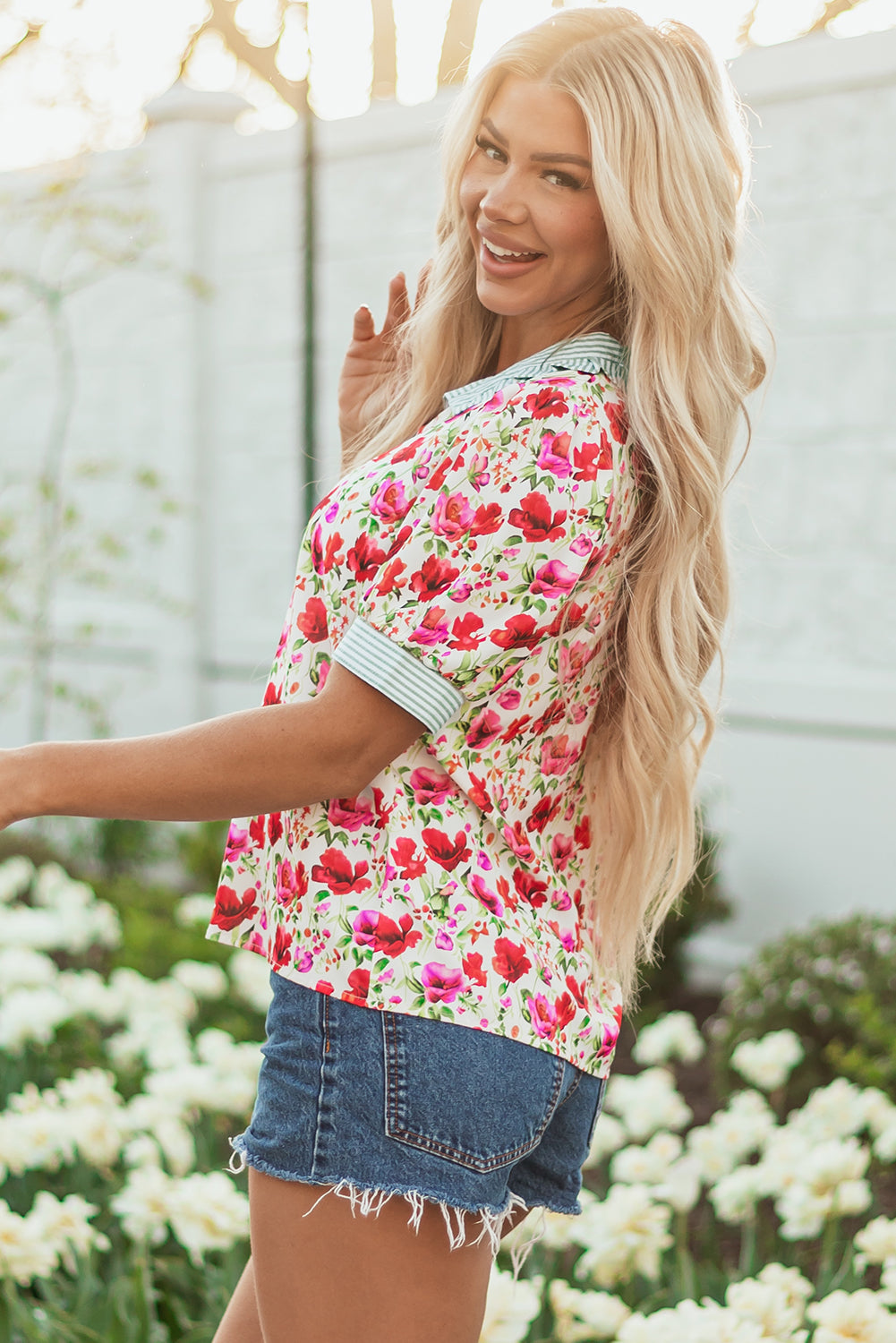 Red Floral Print Striped Patchwork Collared Short Sleeve Blouse eAura