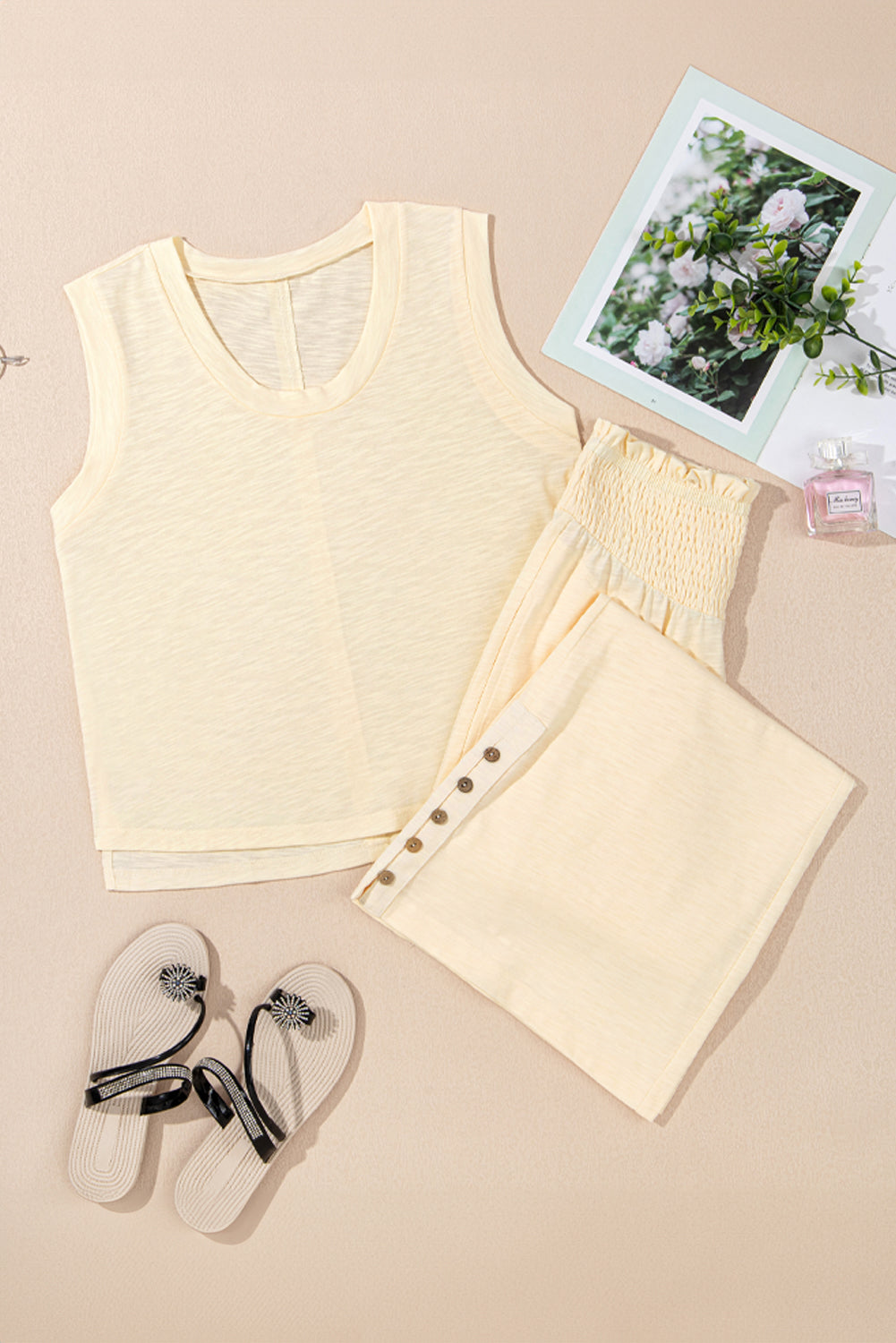 Beige Semi-Sheer Sleeveless Top and Smocked Waist Trousers Set Co-ord eAura