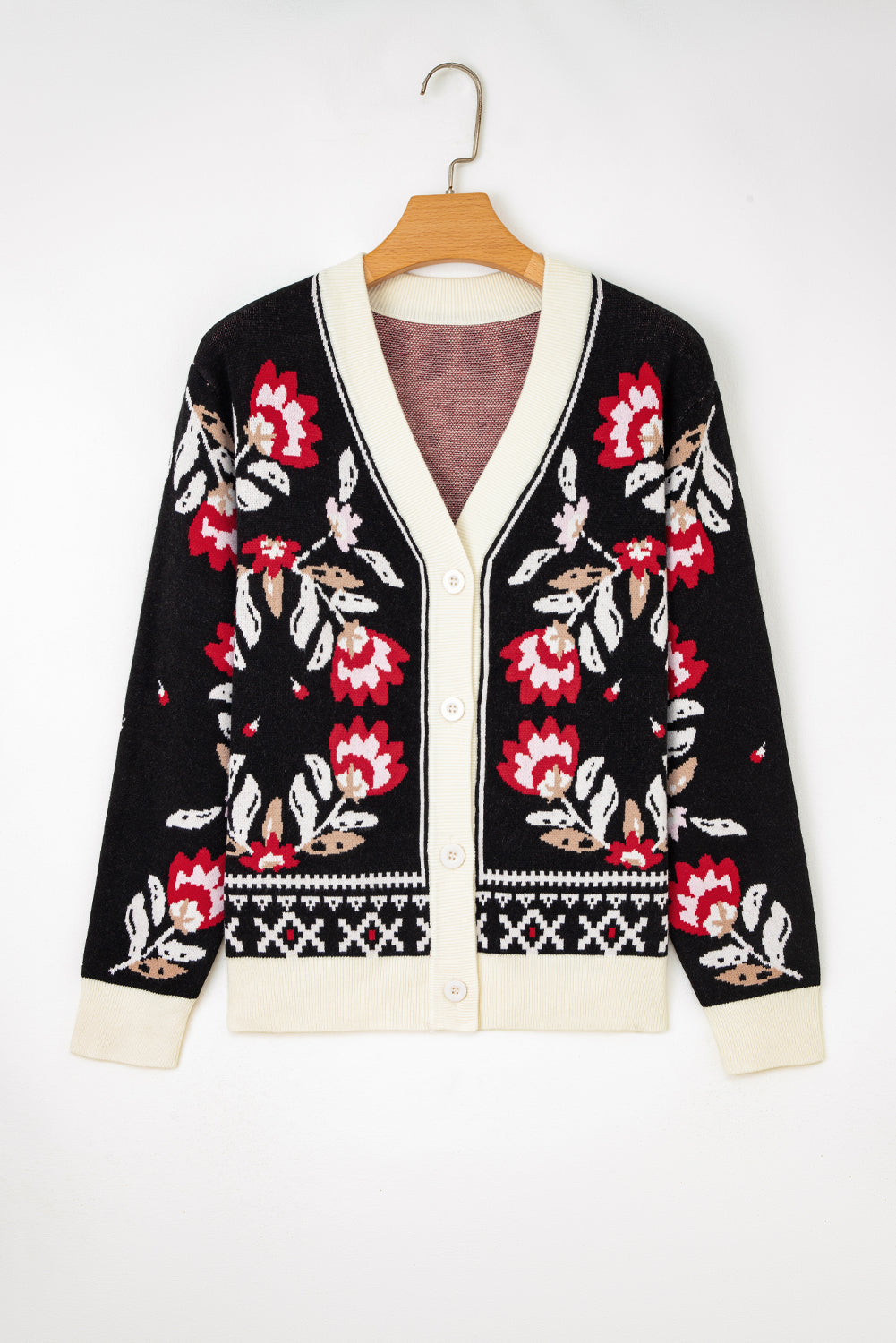 Floral Print Buttoned Front V-Neck Knit Cardigan - eAura