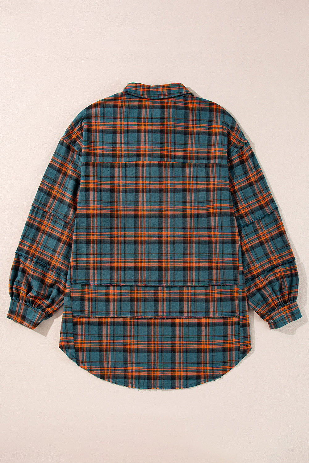 Green Plaid Long Sleeeve Side Split Distressed Hem Shirt eAura