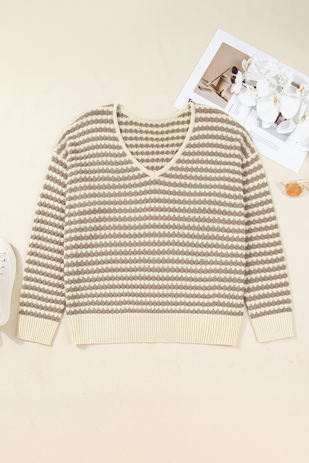 Stripe Plus Size V-Neck Drop Shoulder Sweater - eAura