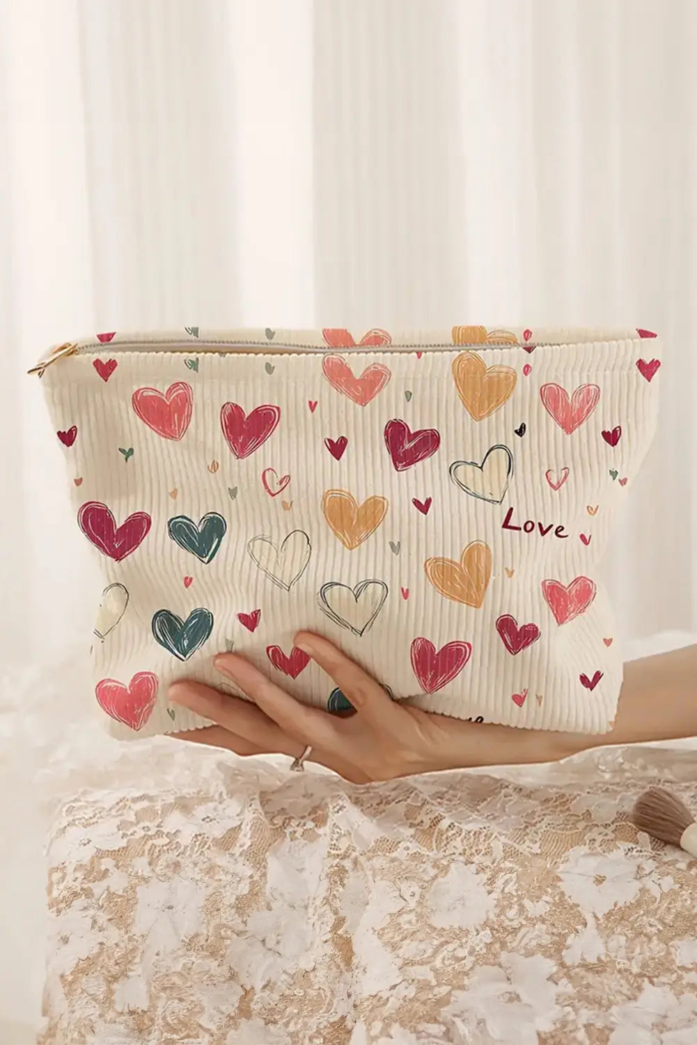 Love Heart Print Ribbed Canvas Makeup Bag