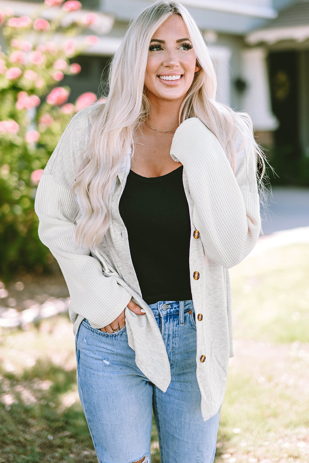 Grey Button Up Contrast Knitted Sleeves Hooded Jacket Beagle Boutique Fashion Outlet