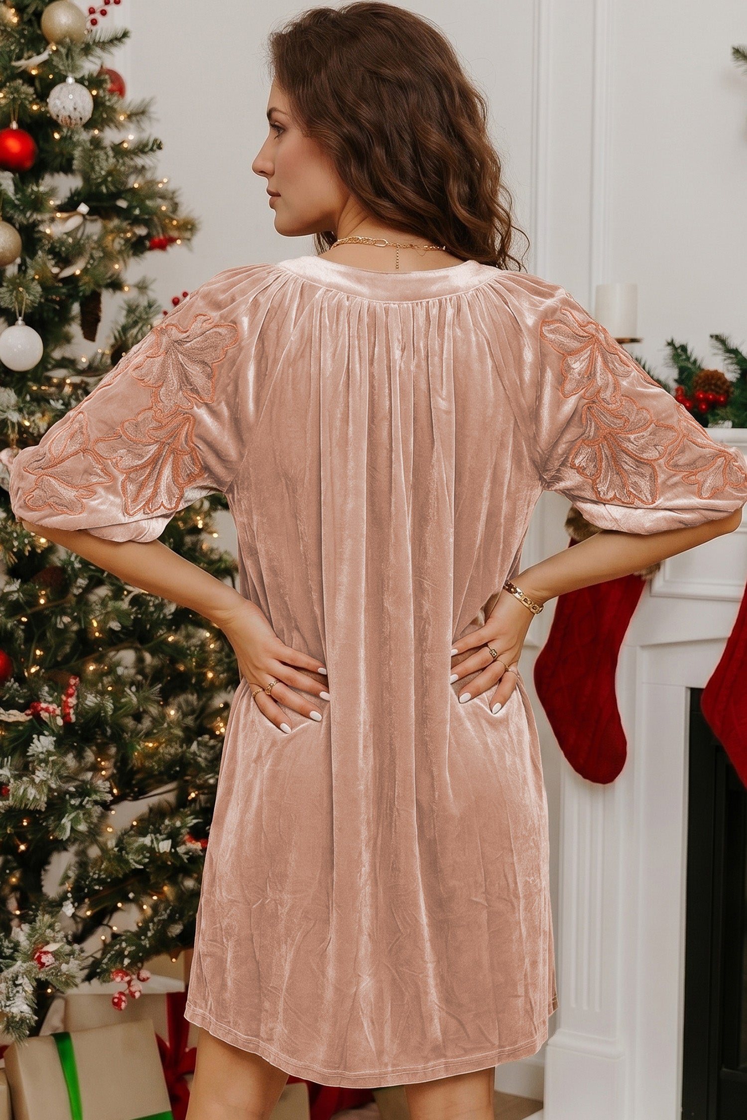 Embroidered Sleeve Velvet Mini Shift Dress – Light French Beige