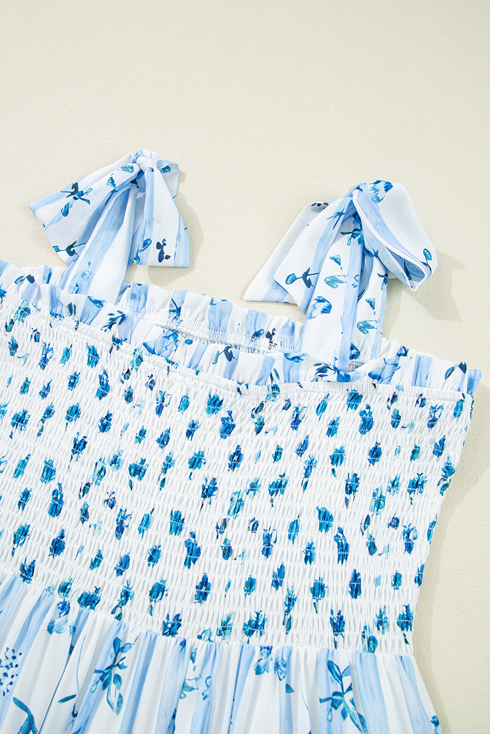 Sky Blue Floral Smocked Tied Straps A-Lined Tiered Maxi Dress eAura