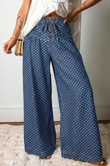 Sky Blue Polka Dot Print Button Pleated Detail Wide Leg Jeans – Light Blue