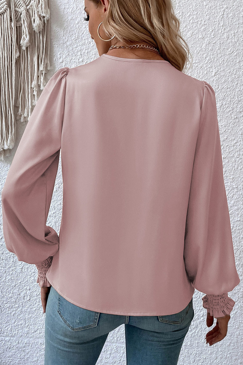 Black Solid Surplice Neck Shirred Cuffs Draped Blouse BB Fashion Outlet