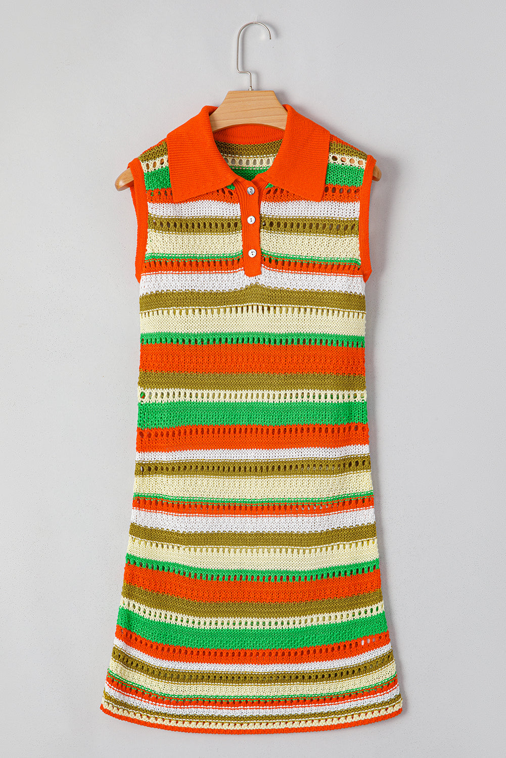 Yellow Stripe Eyelet Sleeveless Buttoned Split Neck Sweater Dress eAura