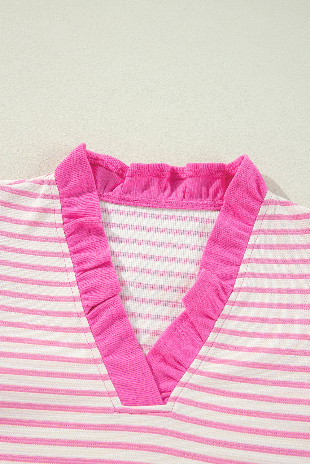 Pink Stripe Ruffled V Neck Cap Puff Sleeve Top eAura