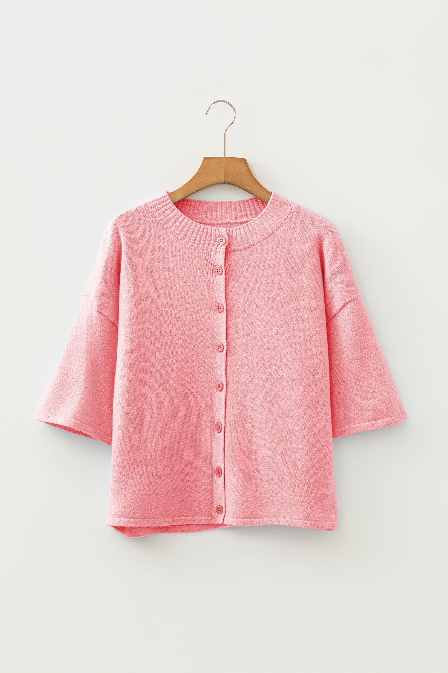 3/4 Sleeve Boxy Knit Button-Down Sweater Cardigan
