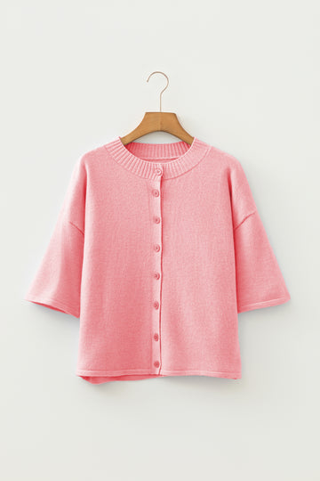 3/4 Sleeve Boxy Knit Button-Down Sweater Cardigan