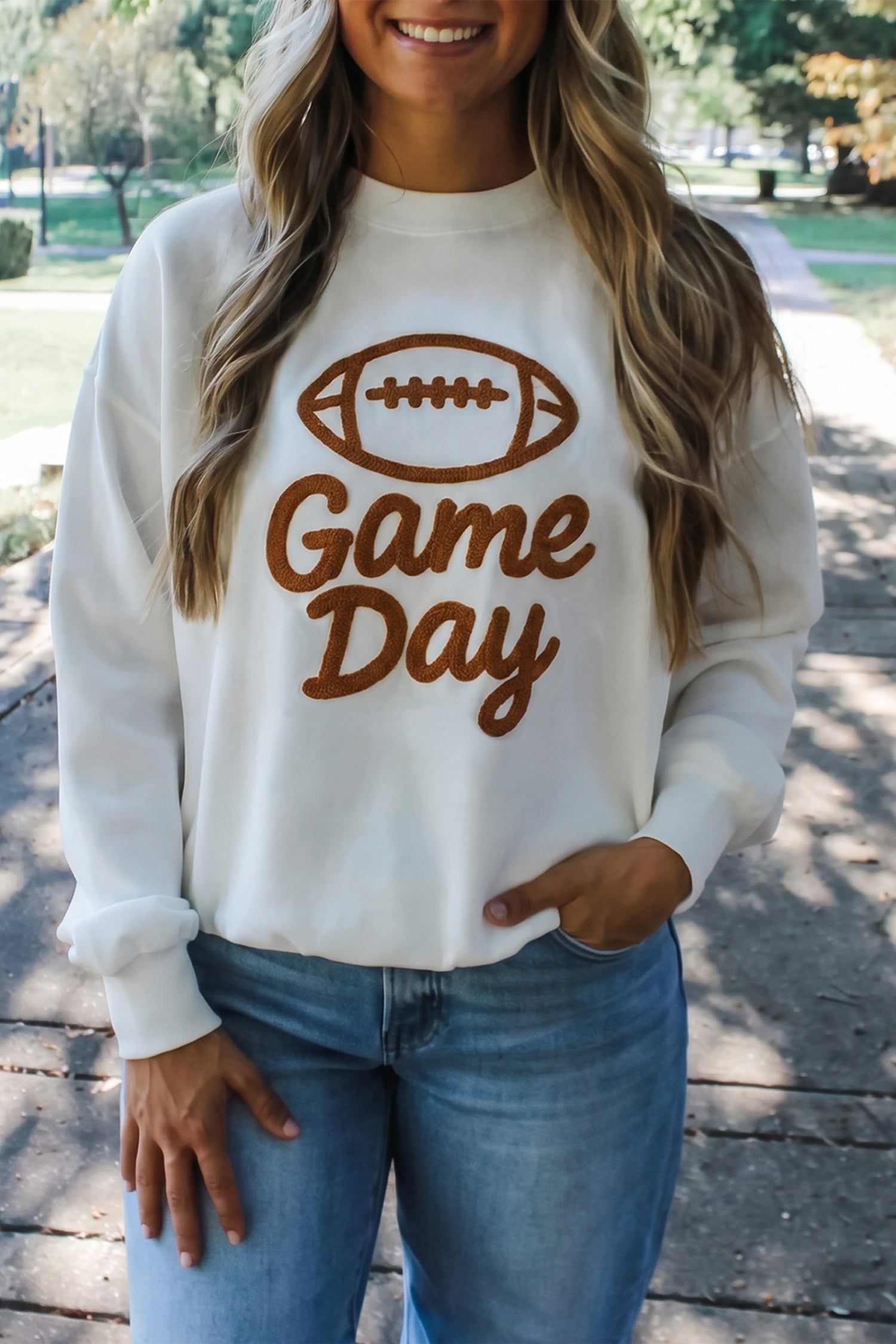 Embroidered Slogan Game Day Rugby Pattern Crewneck Sweatshirt – White
