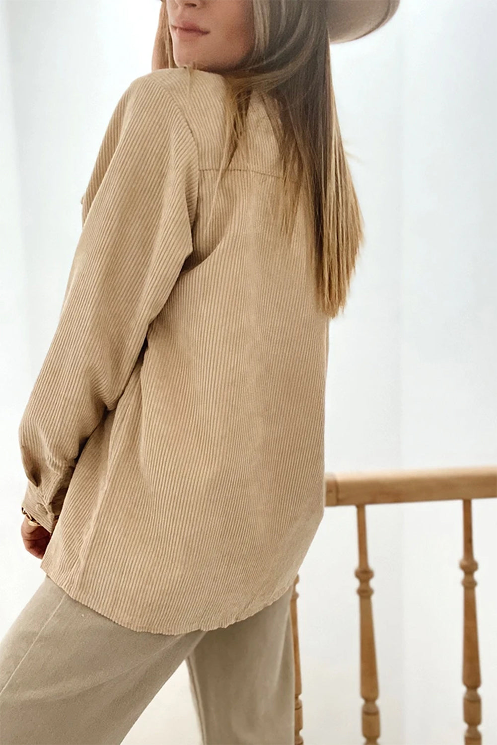 Light French Beige Solid Frilled Flap Pocket Button Up Corduroy Shacket Beagle Boutique Fashion Outlet