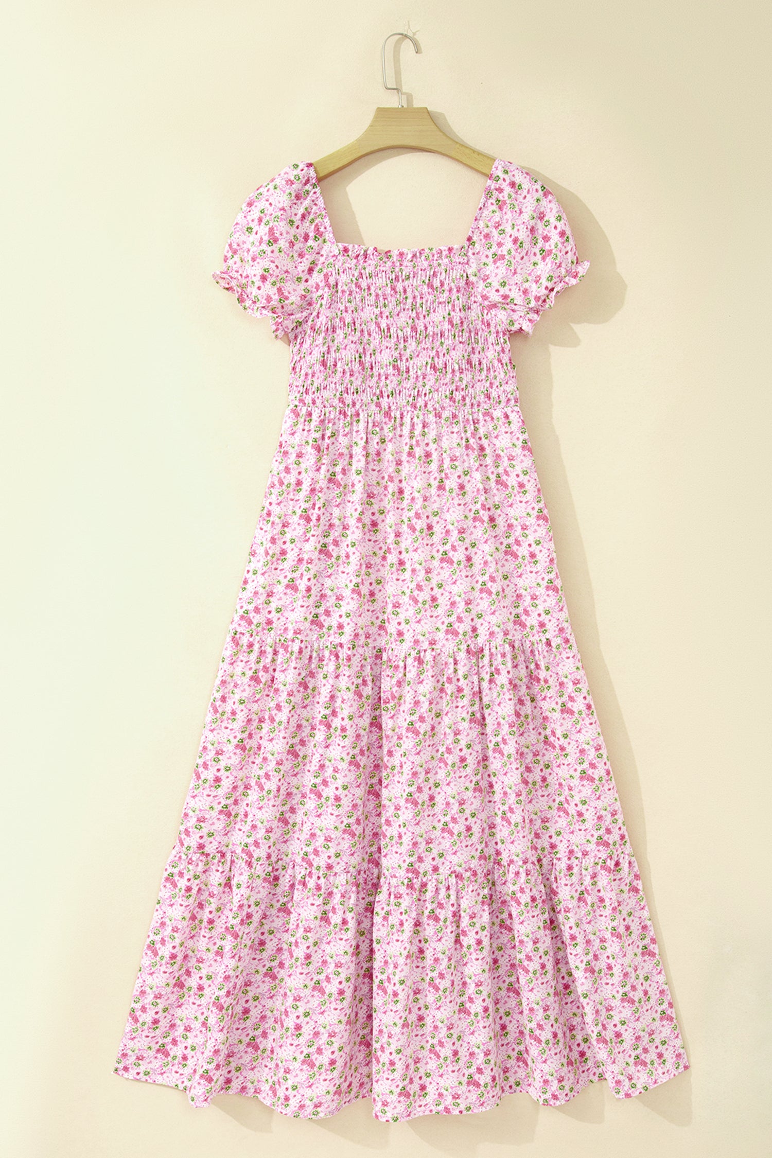 Floral Short Bubble Sleeve Shirred High Waist Maxi Dress – Pink