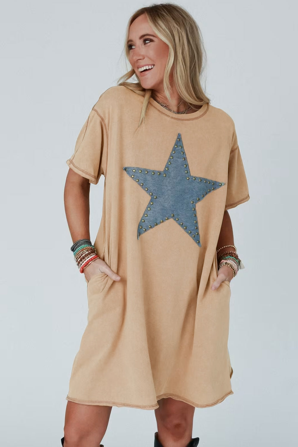 Pale Khaki Mineral Wash Stud Beaded Star Graphic Pocketed T Shirt Dress eAura