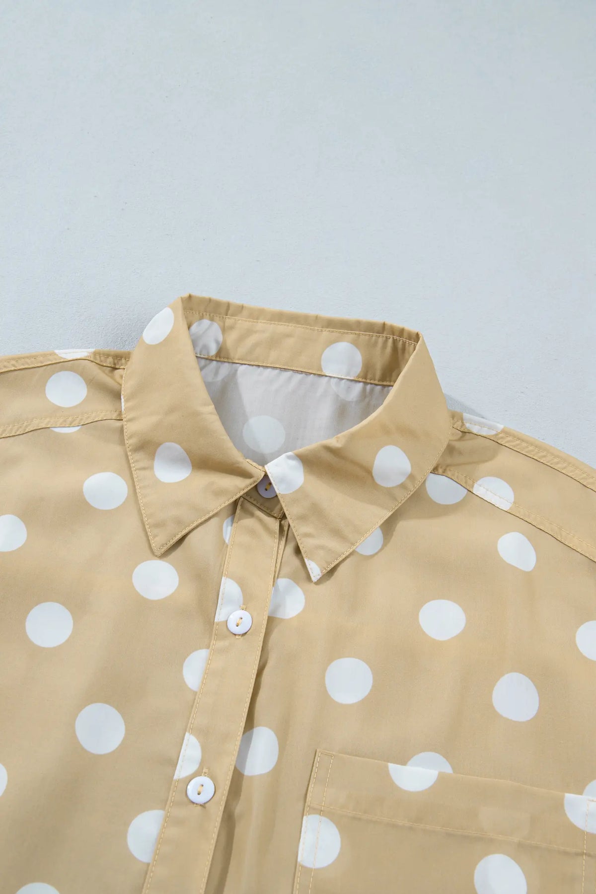 Polka Dot Print Three Quarter Sleeve Ruffle Hem Casual Shirt – Khaki