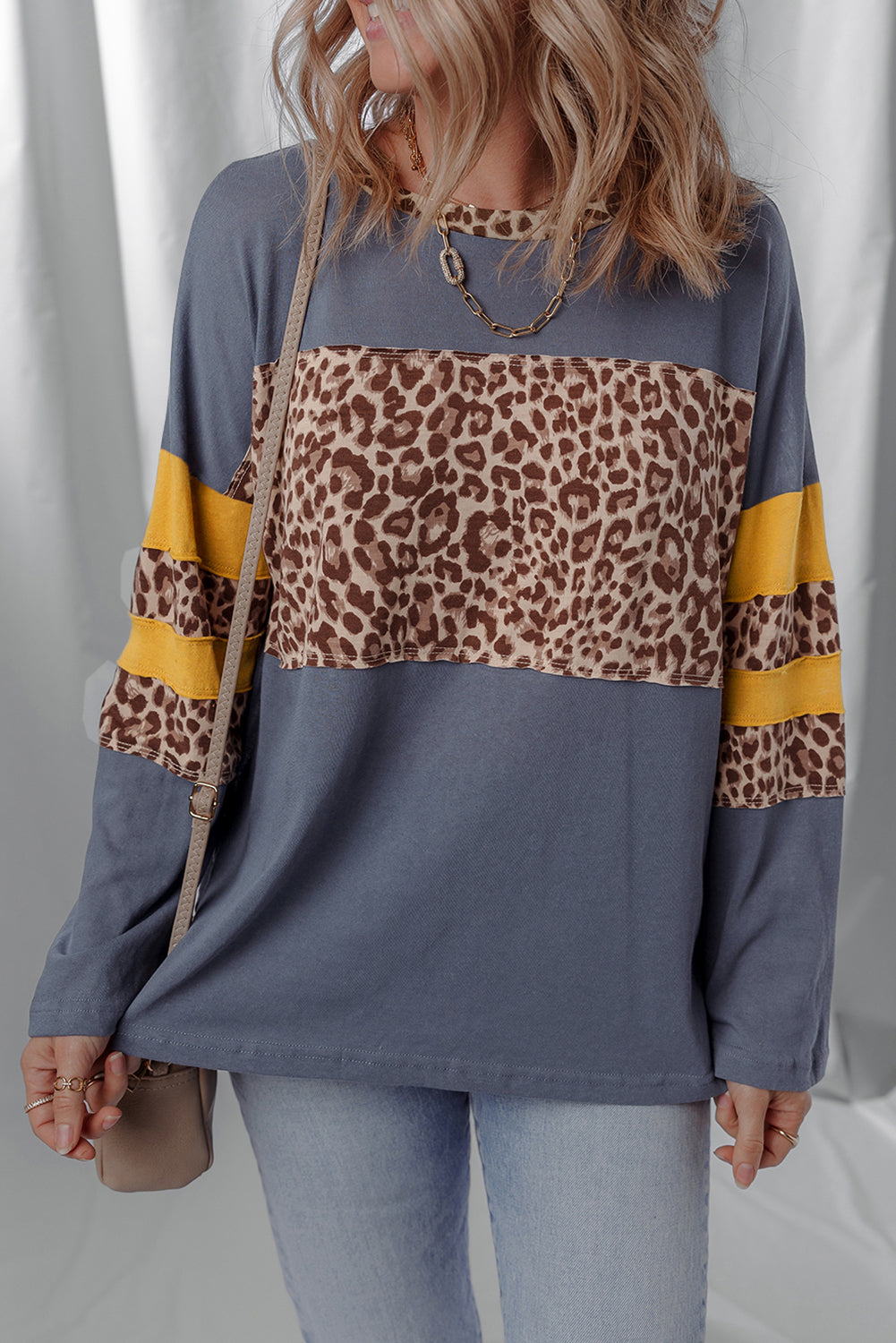 Dark Blue Leopard Colorblock Patchwork Long Sleeve Drop Shoulder Top - eAura
