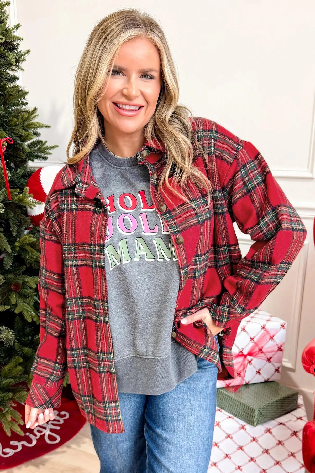 Plaid Button Front Shacket – Red