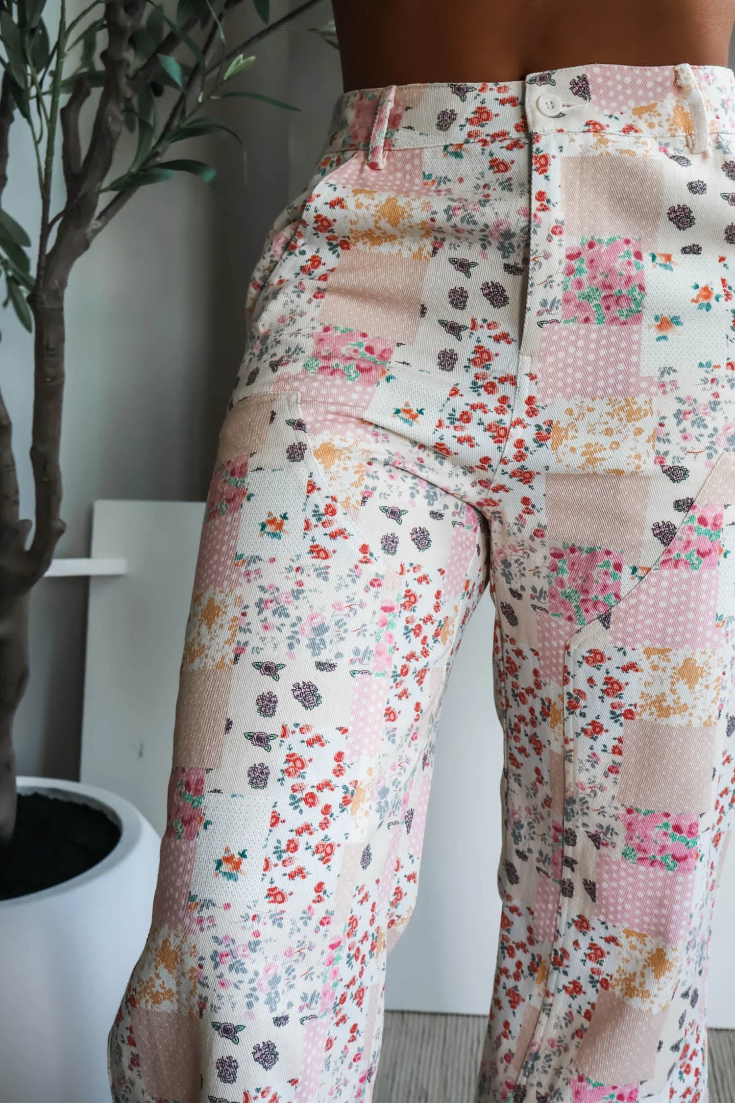 Floral Patchwork Wide Leg Full Length Jeans – Pink