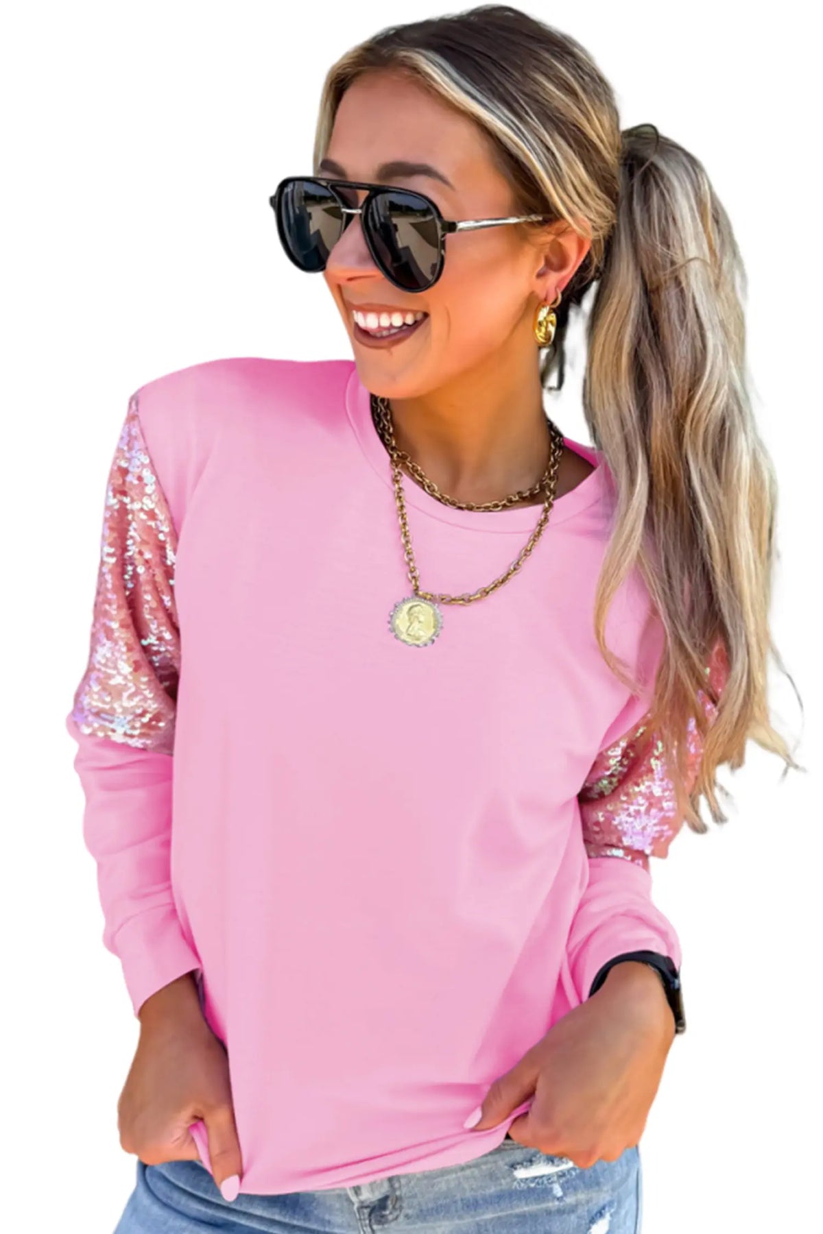 Long Sleeve Sequin Round Neck Pullover Top – Pink