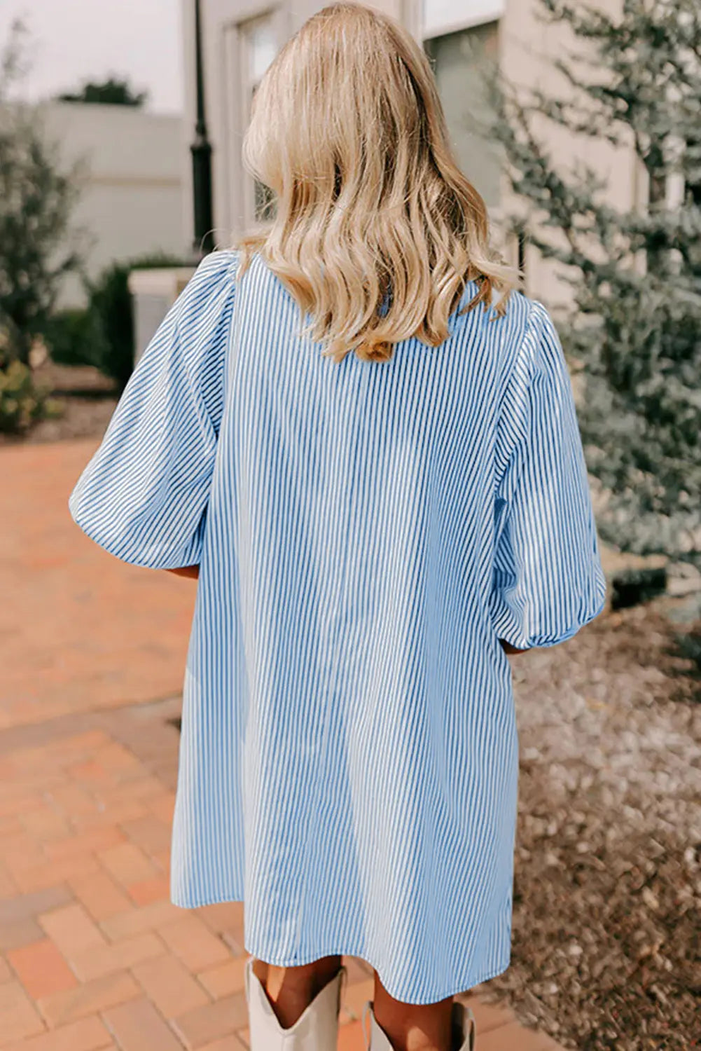 Striped Colour Block Patchwork Shirt Collar Button Down Puff Sleeve Mini Dress